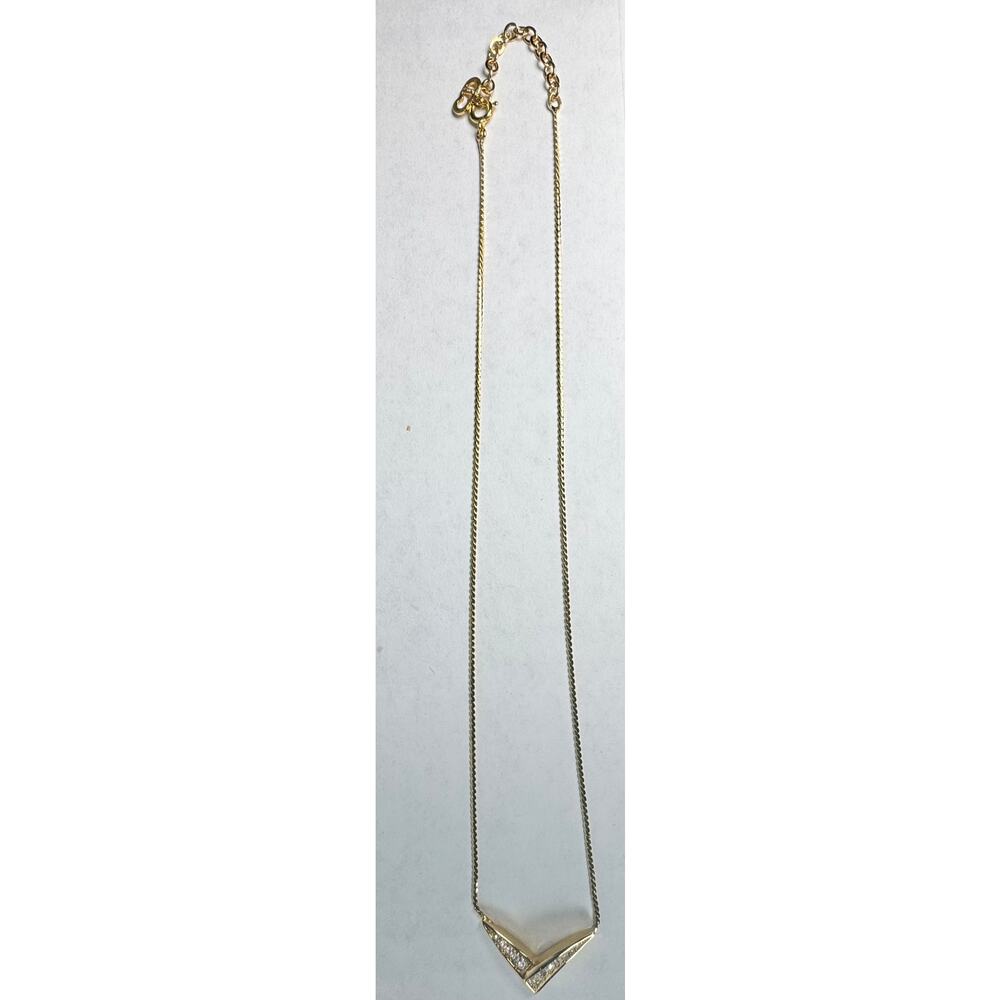 Christian Dior Gold Tone Chevron V Necklace Clear Crystal CD Charm - Picture 6 of 6